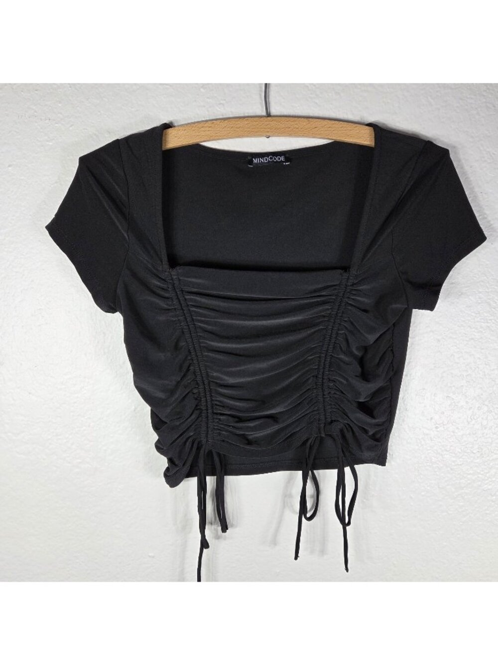 Mind Code Women’s M Black Square Neck Ruched Tie Crop Top Short Sleeves